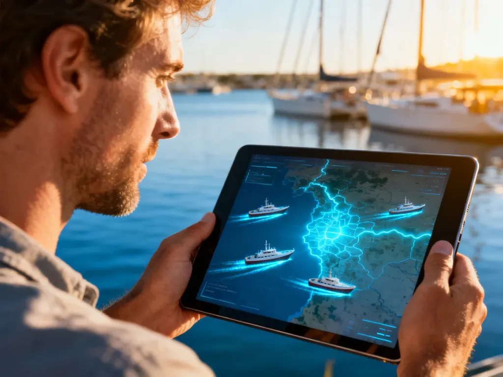 Mężczyzna trzyma tablet z wyświetloną mapą AIS, na której widoczne są ikony statków w czasie rzeczywistym.