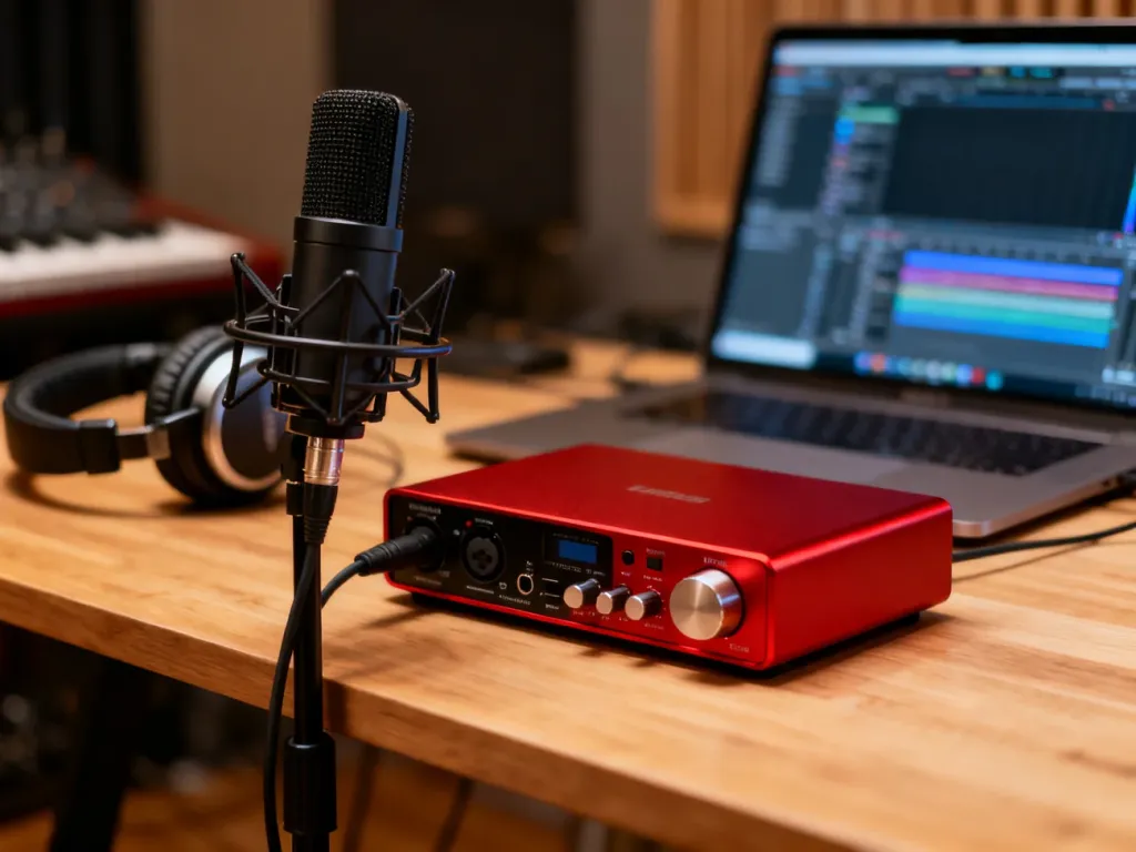 Interfejs audio Focusrite Scarlett Solo na drewnianym biurku w profesjonalnym domowym studiu nagraniowym.