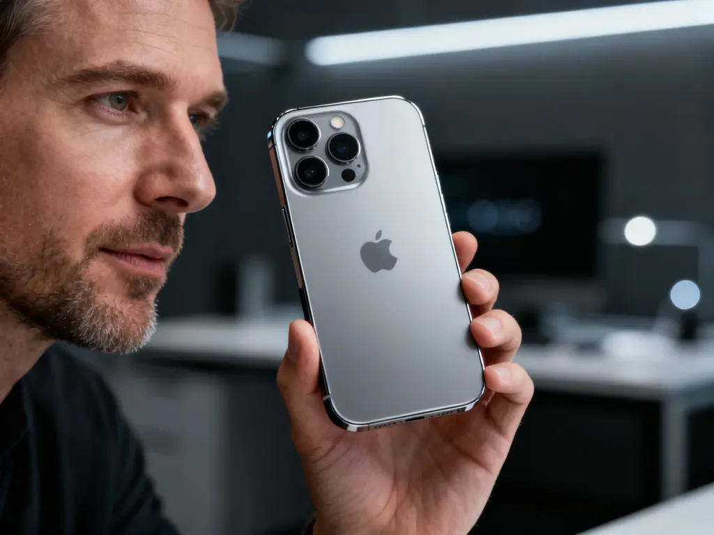 Mężczyzna trzymający w dłoni iPhone 16 Pro Max na tle nowoczesnego biura. Prezentacja designu i gabarytów smartfona.