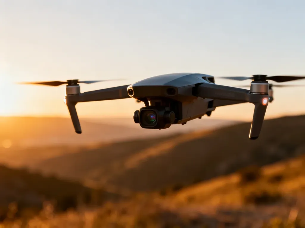 Dron DJI Avata 2 w locie na tle malowniczego krajobrazu podczas złotej godziny.