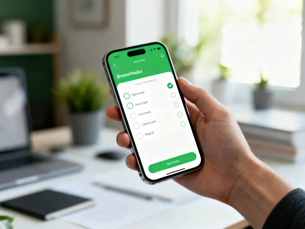 Dłoń trzymająca smartfon z wyświetlonym interfejsem ankiety w aplikacji WhatsApp w przytulnym domowym biurze.