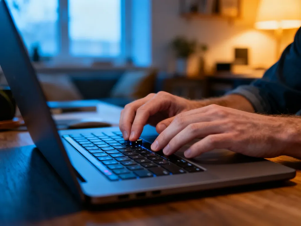 Dłonie mężczyzny regulujące jasność ekranu na nowoczesnej klawiaturze laptopa w przytulnym domowym biurze.