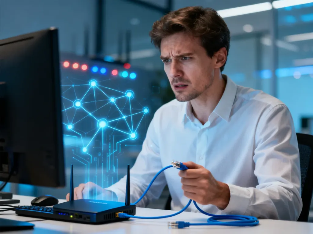 Zirytowany mężczyzna trzymający kabel sieciowy przy komputerze, ilustrujący problem z konfiguracją protokołu IP.