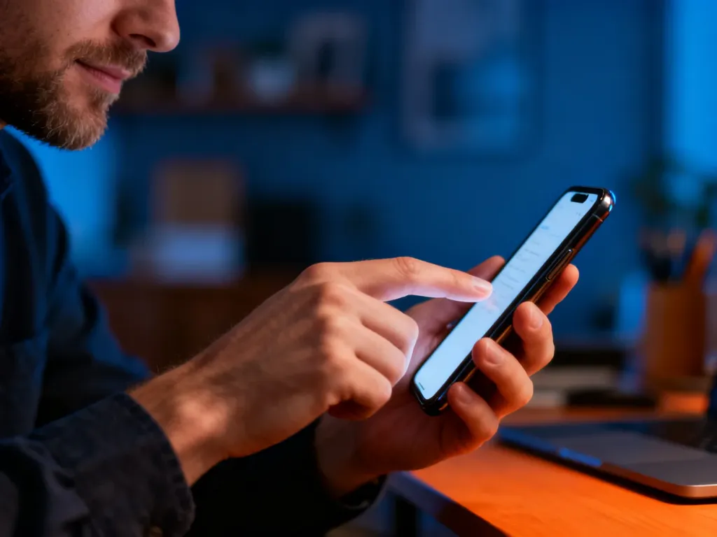Dłoń trzymająca nowoczesny smartfon z palcem wskazującym nad ekranem, gotowa do zmiany ustawień urządzenia.